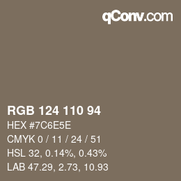 Color code: RGB 124 110 94 | qconv.com