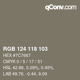 Color code: RGB 124 118 103 | qconv.com