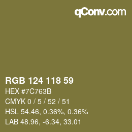 Color code: RGB 124 118 59 | qconv.com