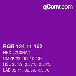 Color code: RGB 124 11 162 | qconv.com