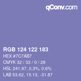Color code: RGB 124 122 183 | qconv.com