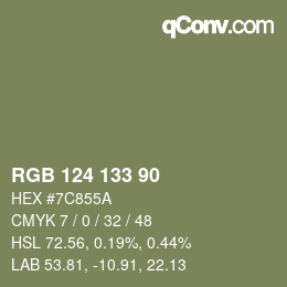 Color code: RGB 124 133 90 | qconv.com