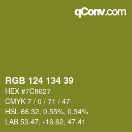Color code: RGB 124 134 39 | qconv.com