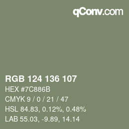 Color code: RGB 124 136 107 | qconv.com