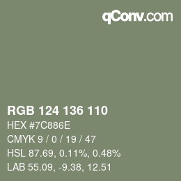 Color code: RGB 124 136 110 | qconv.com
