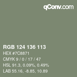 Color code: RGB 124 136 113 | qconv.com
