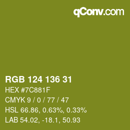 Color code: RGB 124 136 31 | qconv.com