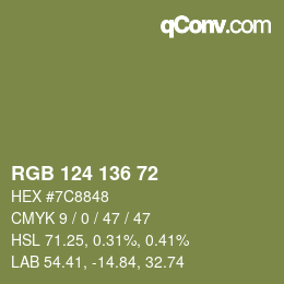 Color code: RGB 124 136 72 | qconv.com
