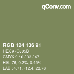 Color code: RGB 124 136 91 | qconv.com