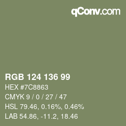 Color code: RGB 124 136 99 | qconv.com