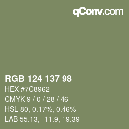 Color code: RGB 124 137 98 | qconv.com