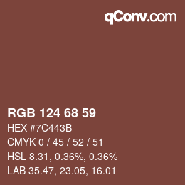 Color code: RGB 124 68 59 | qconv.com