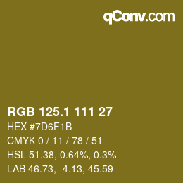 カラーコード: RGB 125.1 111 27 | qconv.com