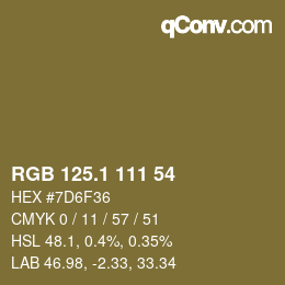 カラーコード: RGB 125.1 111 54 | qconv.com