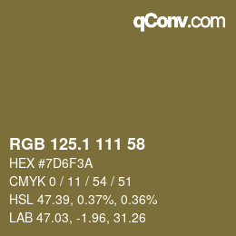 カラーコード: RGB 125.1 111 58 | qconv.com