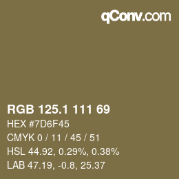 カラーコード: RGB 125.1 111 69 | qconv.com