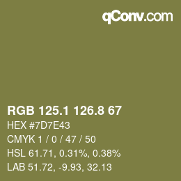 カラーコード: RGB 125.1 126.8 67 | qconv.com