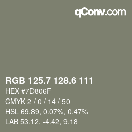 カラーコード: RGB 125.7 128.6 111 | qconv.com