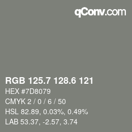 カラーコード: RGB 125.7 128.6 121 | qconv.com