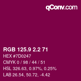 カラーコード: RGB 125.9 2.2 71 | qconv.com