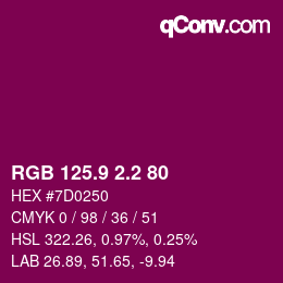 カラーコード: RGB 125.9 2.2 80 | qconv.com