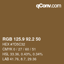 カラーコード: RGB 125.9 92.2 50 | qconv.com