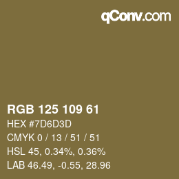 Color code: RGB 125 109 61 | qconv.com