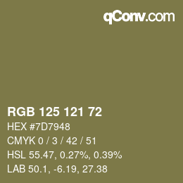 Color code: RGB 125 121 72 | qconv.com