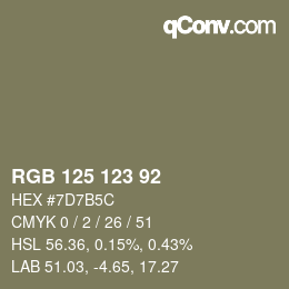 Color code: RGB 125 123 92 | qconv.com