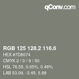 カラーコード: RGB 125 128.2 116.6 | qconv.com
