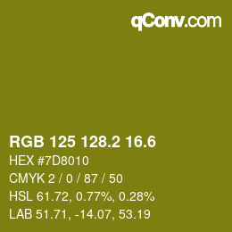 カラーコード: RGB 125 128.2 16.6 | qconv.com