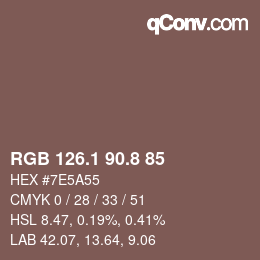 Color code: RGB 126.1 90.8 85 | qconv.com