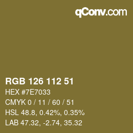 Color code: RGB 126 112 51 | qconv.com