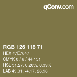 Color code: RGB 126 118 71 | qconv.com