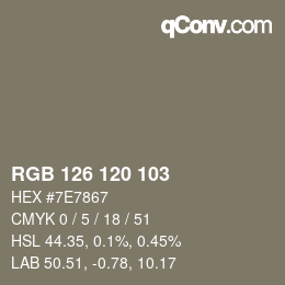 Color code: RGB 126 120 103 | qconv.com