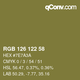 Farbcode: RGB 126 122 58 | qconv.com
