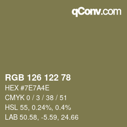 Color code: RGB 126 122 78 | qconv.com