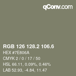 カラーコード: RGB 126 128.2 106.6 | qconv.com