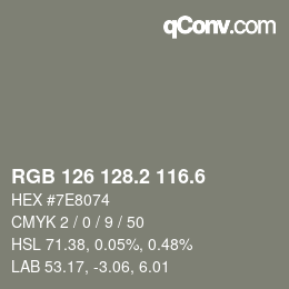 カラーコード: RGB 126 128.2 116.6 | qconv.com