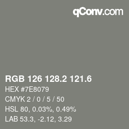 カラーコード: RGB 126 128.2 121.6 | qconv.com