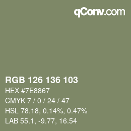 Color code: RGB 126 136 103 | qconv.com