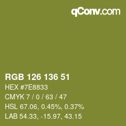 Color code: RGB 126 136 51 | qconv.com