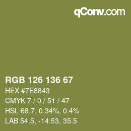 Color code: RGB 126 136 67 | qconv.com