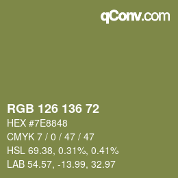 Color code: RGB 126 136 72 | qconv.com