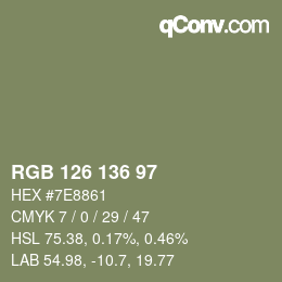 Color code: RGB 126 136 97 | qconv.com