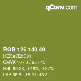 Color code: RGB 126 140 49 | qconv.com