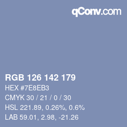 Color code: RGB 126 142 179 | qconv.com