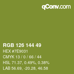 Color code: RGB 126 144 49 | qconv.com