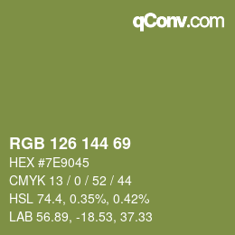 Color code: RGB 126 144 69 | qconv.com