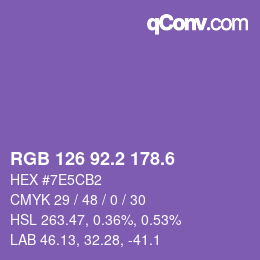 カラーコード: RGB 126 92.2 178.6 | qconv.com